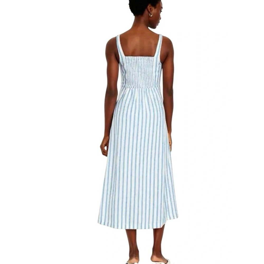 NWT Old Navy Linen Blend Striped Midi Dress Sweetheart Notch Pockets XL Blue - Picture 2 of 12
